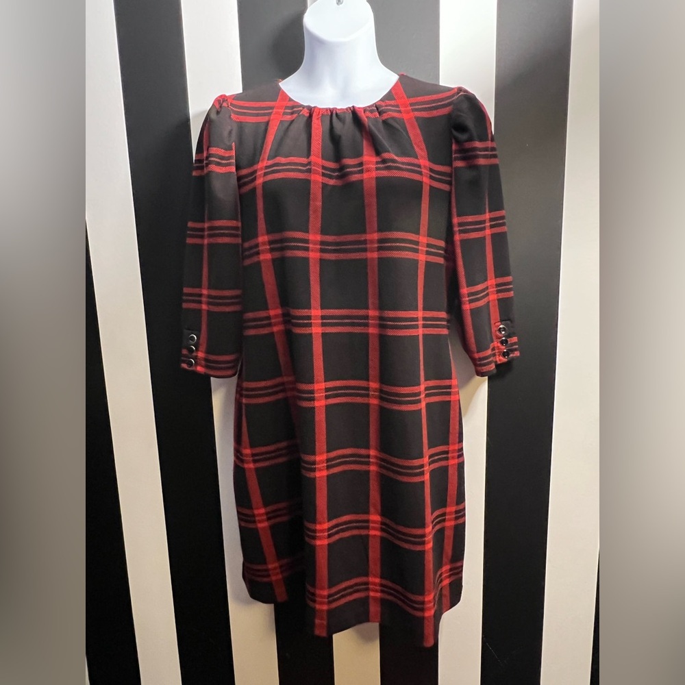 New York & Co. Mod Red & Black Checkered Plaid Shift Dress w/ Front Pockets; XL